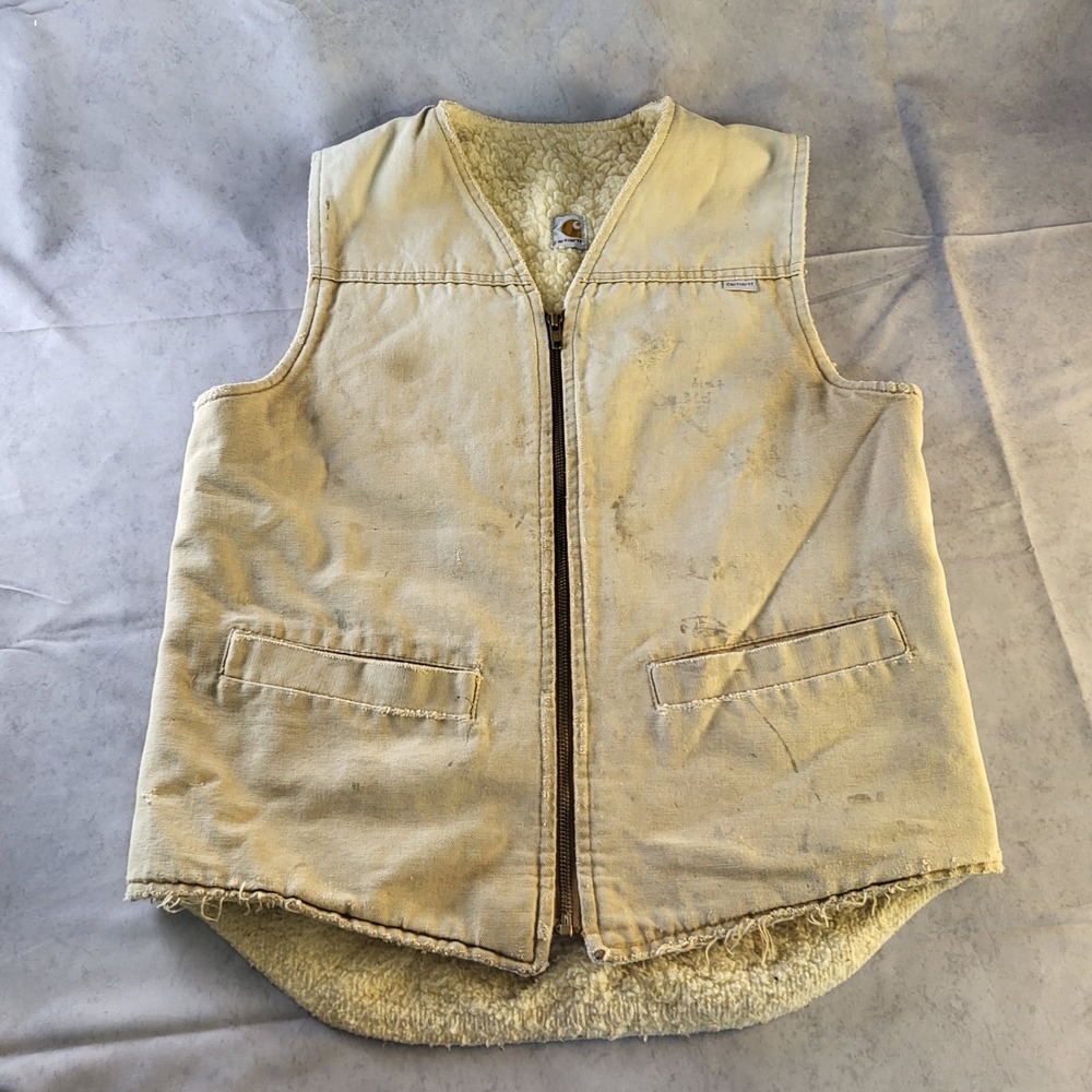 Vintage 1987 Carhartt Size M Tall Sherpa Lined Duck Canvas Zip Vest Tan 6SVT USA
